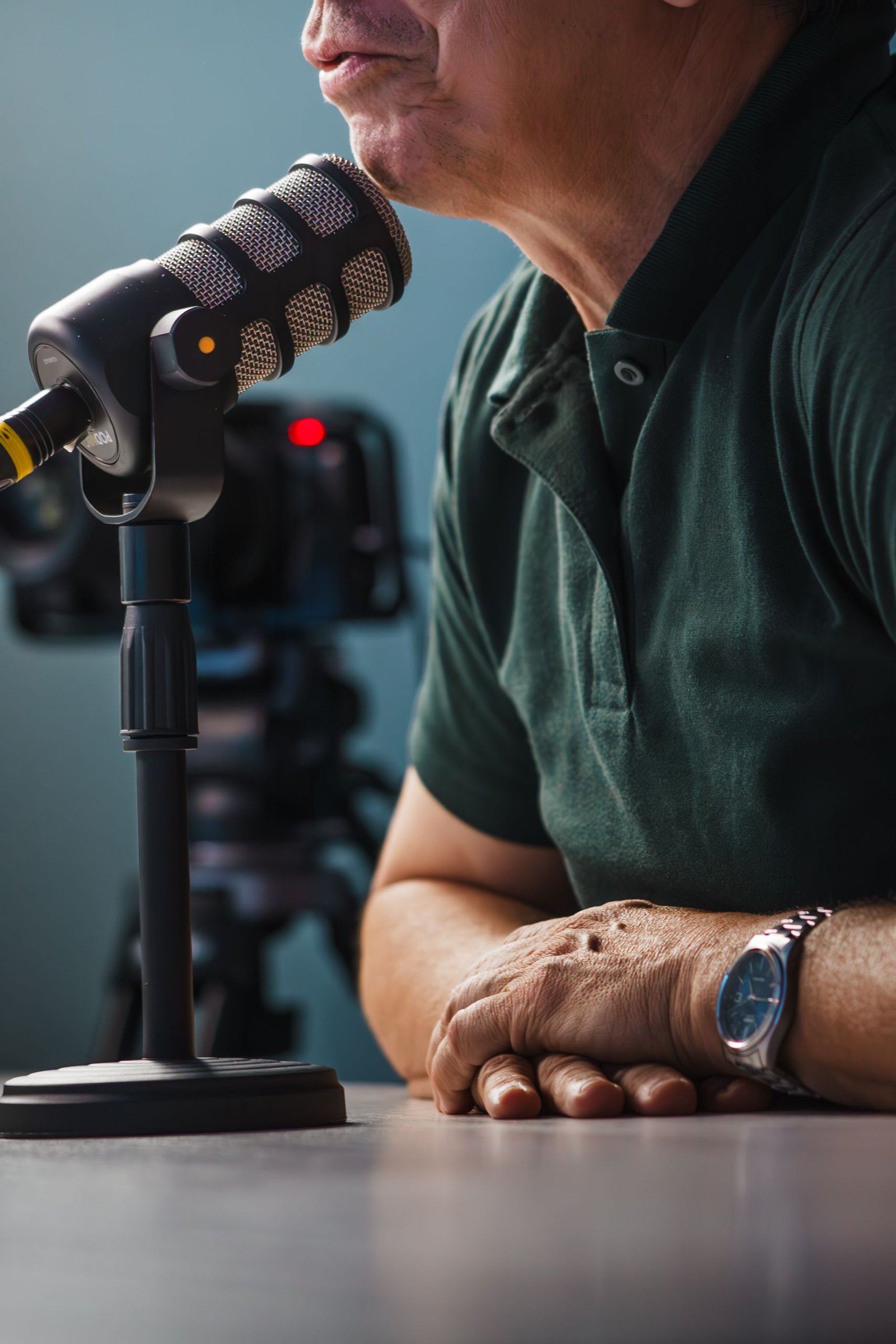 A detailed view of a professional podcast setup featuring a microphone and video camera, highlighting interview equipment.